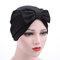 Women Satin Solid Color Big Bowknot Muslim Beanie Hat Four Seasons Suitable Casual Turban Cap - Black