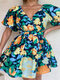 Flower Print Cut Out Button Knotted Short Sleeve Mini Dress - Green