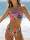 Women Tropical Leaf Graphic Padded Strapless Sexy Soft Breathable Bikinis Swimwear - Rose