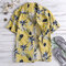 Mens Seaside Holiday Eye-Catching Breathable Loose Lapel Collar Cotton Beach Shirts - Yellow