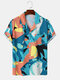 Mens Abstract Color Block Print Chest Pocket Short Sleeve Shirts - Blue
