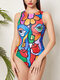 Plus Size Graffiti Abstract Print Patchwork Sleeveless One Pieces Swimsuit - Red