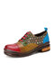 Sapatos Mocassins Confortáveis Socofy Casual Couro Argyle Patchwork Color Block Lace Up - Multicolorido