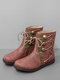 Plus Size Women Retro Comfy Round Toe Pu Leather Strappy Flat Short Boots - Red