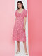 Floral Print Puff Sleeve Slit Ruched Square Collar Pink Dress - Pink
