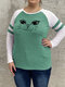 Plus Size Cat Print Striped Contrast Color O-neck Casual T-shirt - Green
