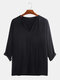 Mens 100% Cotton Chinese Ethnic 3/4 Short Sleeve V-Neck T-Shirt - Black
