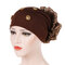 Women Pan Flower Hat Oversized With Flower Headscarf Beanies Hat Solid Color Beaded  Cotton Cap - Deep Coffee