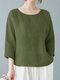 Women Solid Crew Neck Cotton Casual 3/4 Sleeve Blouse - Army Green