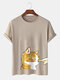 Mens Cute Cat Graphic Crew Neck Cotton Short Sleeve T-Shirts - Khaki