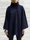 Solid Color High Neck Long Sleeve Loose Casual Coat For Women - Navy