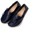 LOSTISY Women Large Size Floral Embroidery Stitching Soft Flats Leather Loafers - Dark Blue