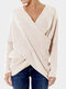 Cross Wrap Solid Color Irregular Long Sleeve Sweater - Beige