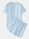 Mens O-Neck Short Sleeve Loose Shorts Two-Piece Loungewear Home Pajamas Sets - Blue