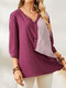 Striped Print Patchwork Button V-neck Casual Blouse for Women - Wine Red