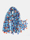 Women Cotton Ramadan Dual-use Floral Tassel Long Scarf Shawl - Blue