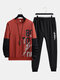 Mens Letter Print Sleeve Stitching Sweatshirt Street Two Pieces Outfits - Red