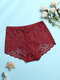 Women Hollow Out Jacquard Breathable Cozy Solid Color Mid Waist Panties - Wine Red