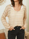 Plus Size Solid Hollow Knit V-neck Long Sleeve Sweater - Khaki