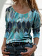 Print O-neck Long Sleeve Plus Size Vintage T-shirt for Women - Blue