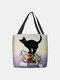 Women Black Cat Book Pattern Print Shoulder Bag Handbag Tote - Gray