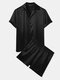 Mens Revere Collar Faux Silk Solid Color Elastic Waist Comfy Pajamas - Black