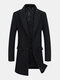 Mens Solid Color Button Up Woolen Business Casual Mid-Length Overcoats - Black