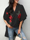 Asymmetrical Embroidery Bat Sleeve V-neck Plus Size Blouse - Black