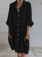 Solid Pocket Long Sleeve Lapel Button Down Shirt Dress - Black