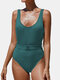 Women Belted One Piece Rib Solid Wide Straps Backless Sexy Swimwear - Green