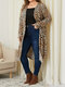 Plus Size Casual Leopard Print Long Sleeve Loose Cardigan - Gray
