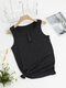 Solid Ribbed Knit Sleeveless Button Crew Neck Tank Top - Black