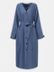 Women Solid Color Knotted Button V-neck Long Sleeve Casual Dress - Blue