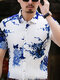 Mens Floral Print Lapel Button Up Short Sleeve Shirt - Blue