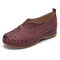 LOSTISY Splicing Hollow Out V Shape Veins Pattern Slip On Flat Shoes - Wine Red