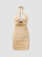Solid Cut Out Open Back Ruched Self Tie Halter Sexy Dress - Beige