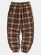 Mens Vintage Plaid Embroidered Casual Drawstring Joggers Pants With Pocket - Brown