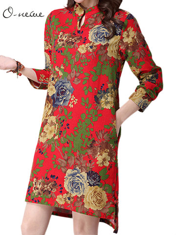 

O-Newe Ethnic Style Women Floral Printing Split Irregular Hem Mini Dress, Red navy