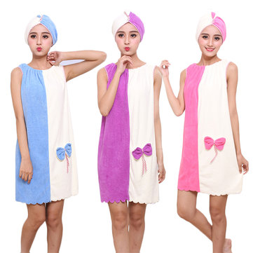 

Flannel Soft Absorbent Skirts Salon Bathrobe Women SPA Bath Towel With Hair Dry Cap, Light blue rose/white blue/pink pink/white purple/white blue / white