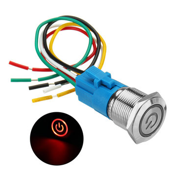 19mm Metal 12V LED 5Pin Push Button Switch ON OFF Return Lock And Wire Connector 