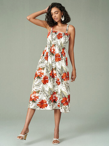 Tropical Flower Print Shirred Dress