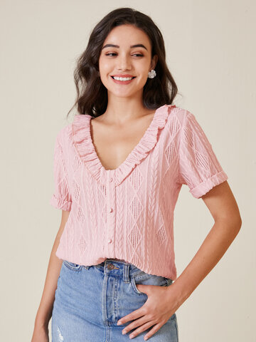 Solid Argyle Pattern Cable Ruffle Blouse