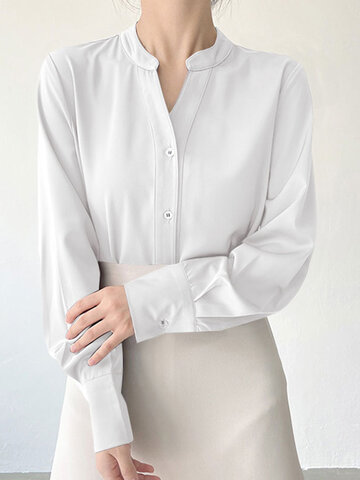 Solid Satin Long Sleeve Blouse