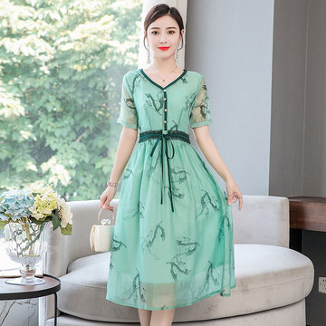 

Chinese Style Printing In The Long Paragraph A Word Skirt Season V-neck Short-sleeved New Lace Stitching Chiffon Dress Female