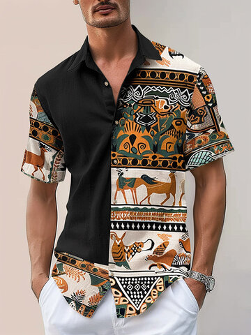 Ethnic Pattern Patchwork Lapel Colla Shirts
