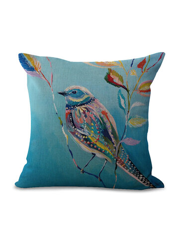 Fodera per cuscino in cotone di lino in stile floreale con uccelli ad acquerello