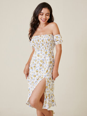 Floral Print Shirred Slit Dress