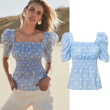 

Season New Women's Waist Short-sleeved Shirt Retro Square Collar Printed Puff Sleeve Shirt