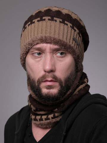 Men 2PCS Plus Velvet Thick Winter Scarf Knitted Hat Beanie