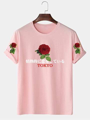 Rose Japanese Print Cotton T-Shirts